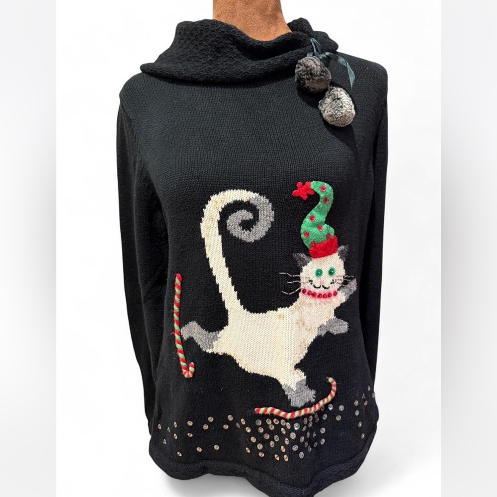 Susan Bristol Black Sweater with Festive Cat Design
